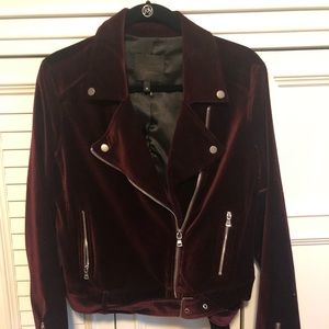 Velvet moto jacket in a rich wine color.